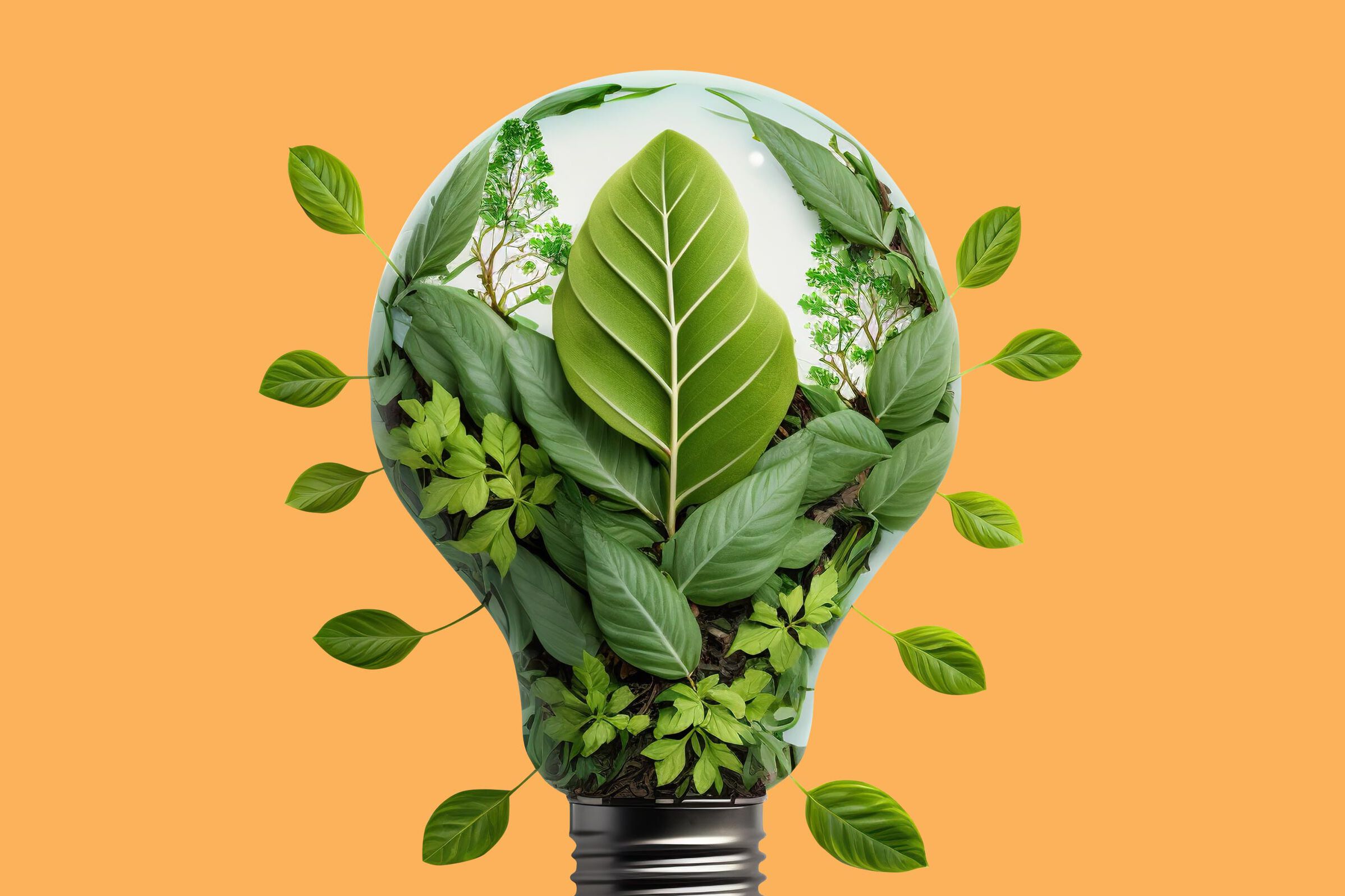 Nachhaltigkeit und Energieeffizienz - Glühbirne mit grünen Blättern vor orangem Hintergrund
