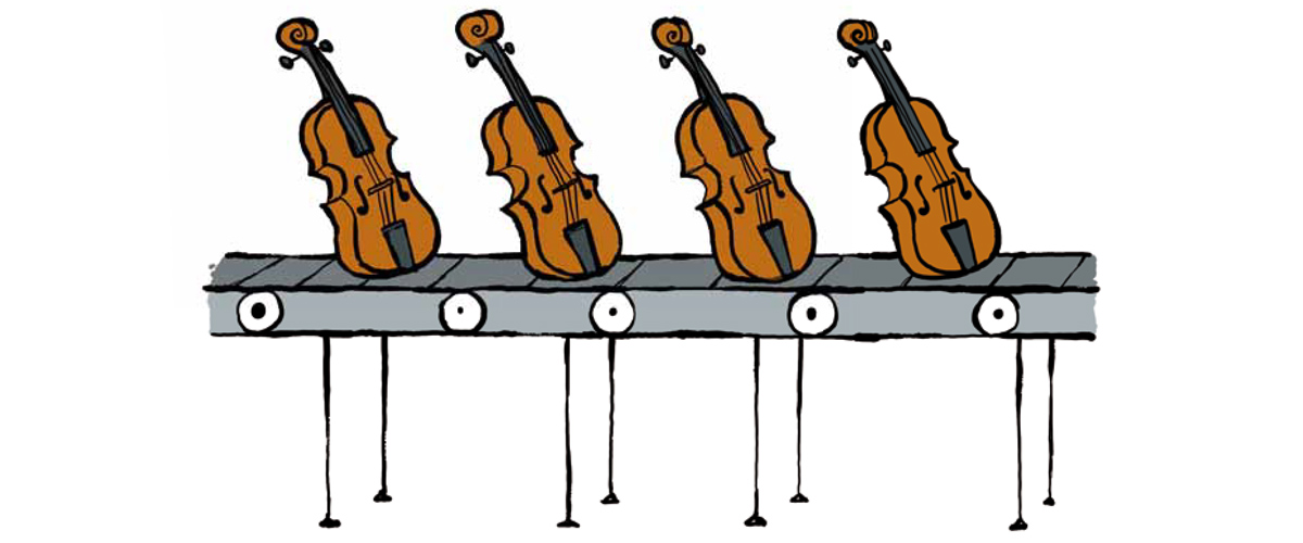 Illustration von Violinen auf einem Förderband