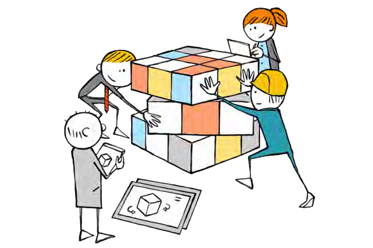 Illustration von Arbeitern beim Lösen von Rubixcube
