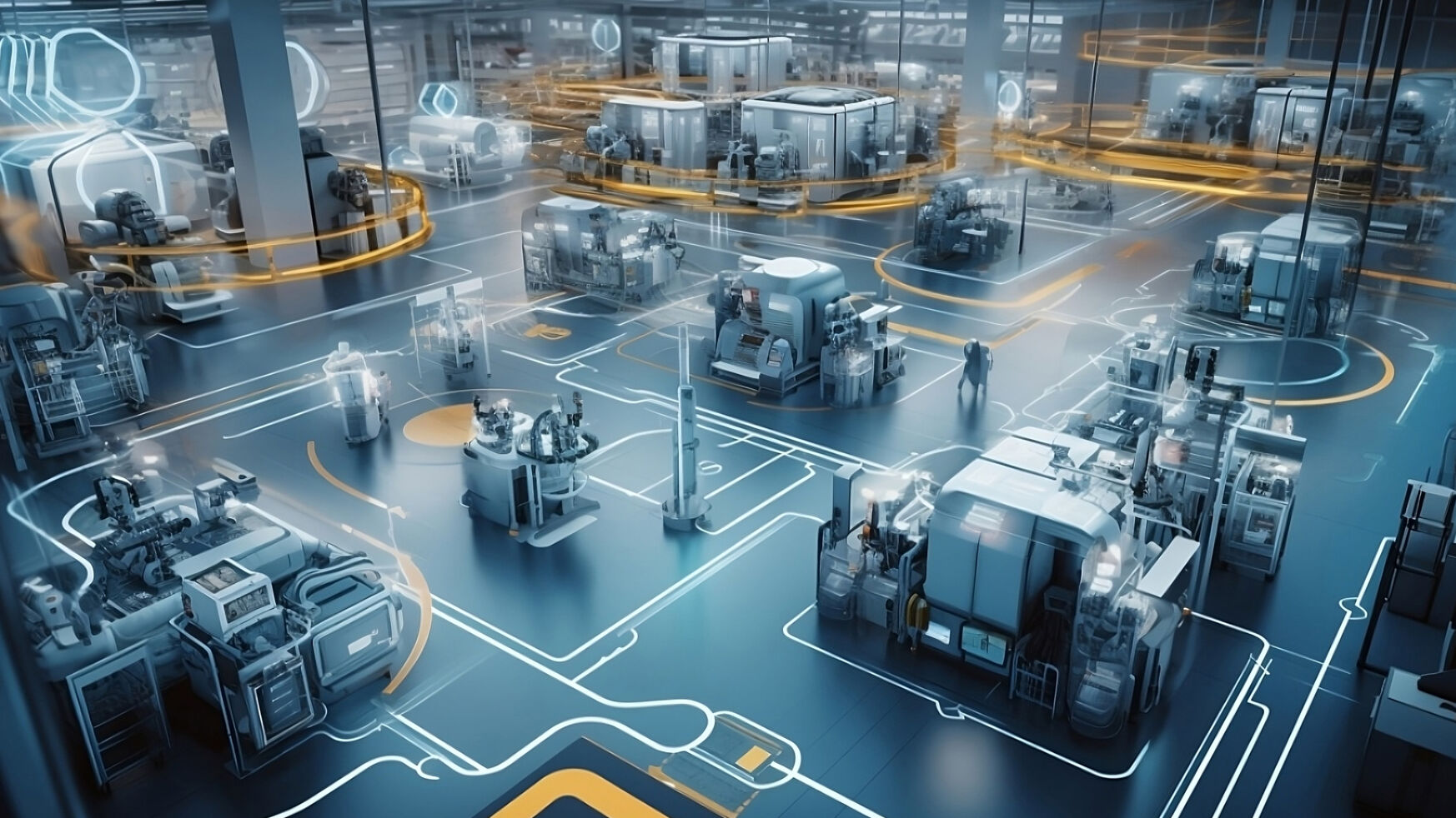 Eine Fabrikhalle in der der ein Roboter die Arbeit verrichtet