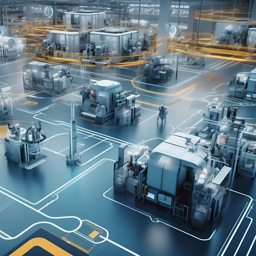 Eine Fabrikhalle in der der ein Roboter die Arbeit verrichtet