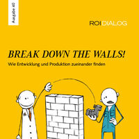 Gelbes Cover der ROI Dialog Ausgabe 40 mit Illustration von zwei Menschen und einer Mauer