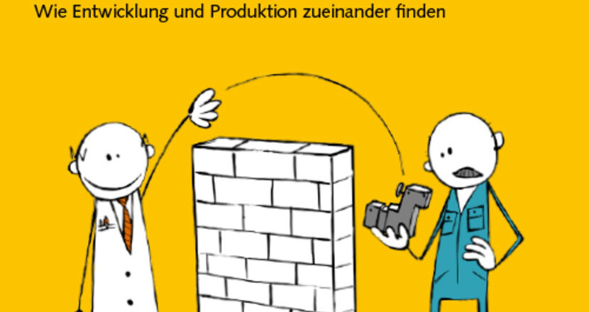 Gelbes Cover des ROI DIOALOG Magazin mit Illustration von zwei Männern die einen Gegenstand ueber ein Wand werfen 