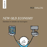 braunes Cover des ROI DIALOG Magazin mit Illustration eines Mannes der ein iPad und eine Maschine hochhebt 