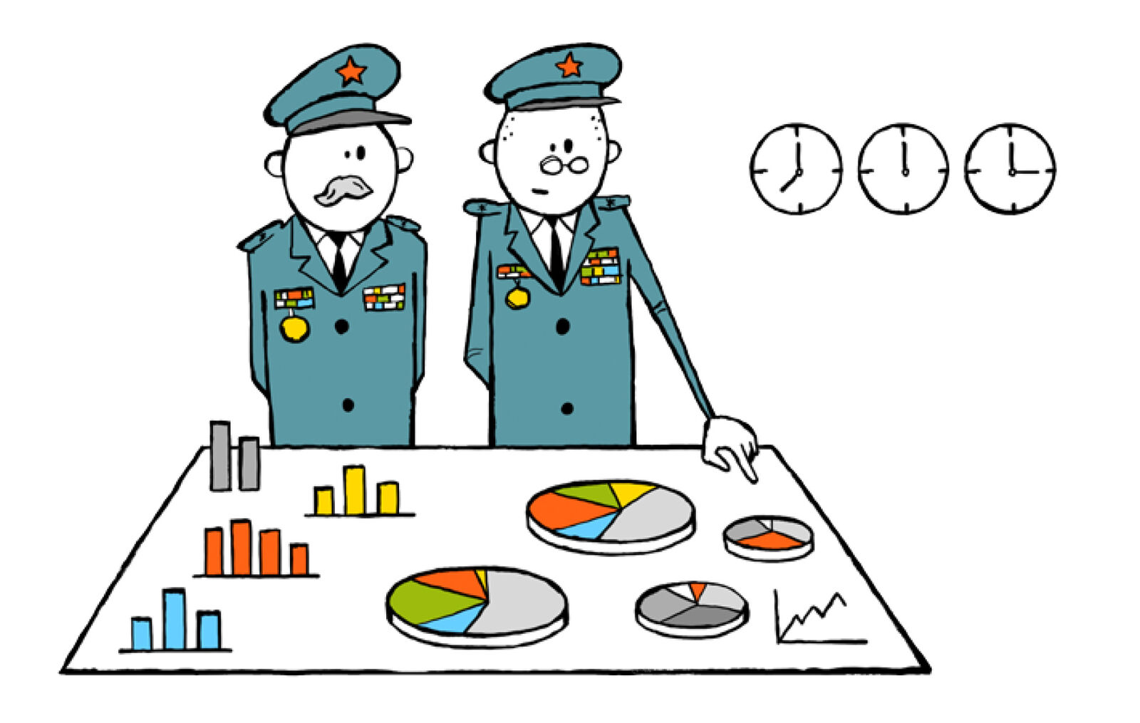 ROI Generäle Illustration von zwei Generaelen und Diagrammen auf dem Tisch