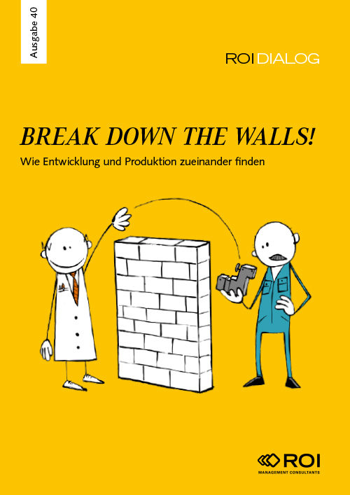 Gelbes Cover des ROI DIOALOG Magazin mit Illustration von zwei Männern die einen Gegenstand ueber ein Wand werfen 