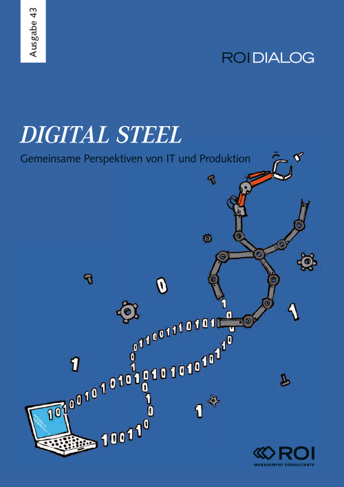 Blaues Cover des ROI DIALOG Magazin mit Illustration eines Laptops und eines Datenstrangs