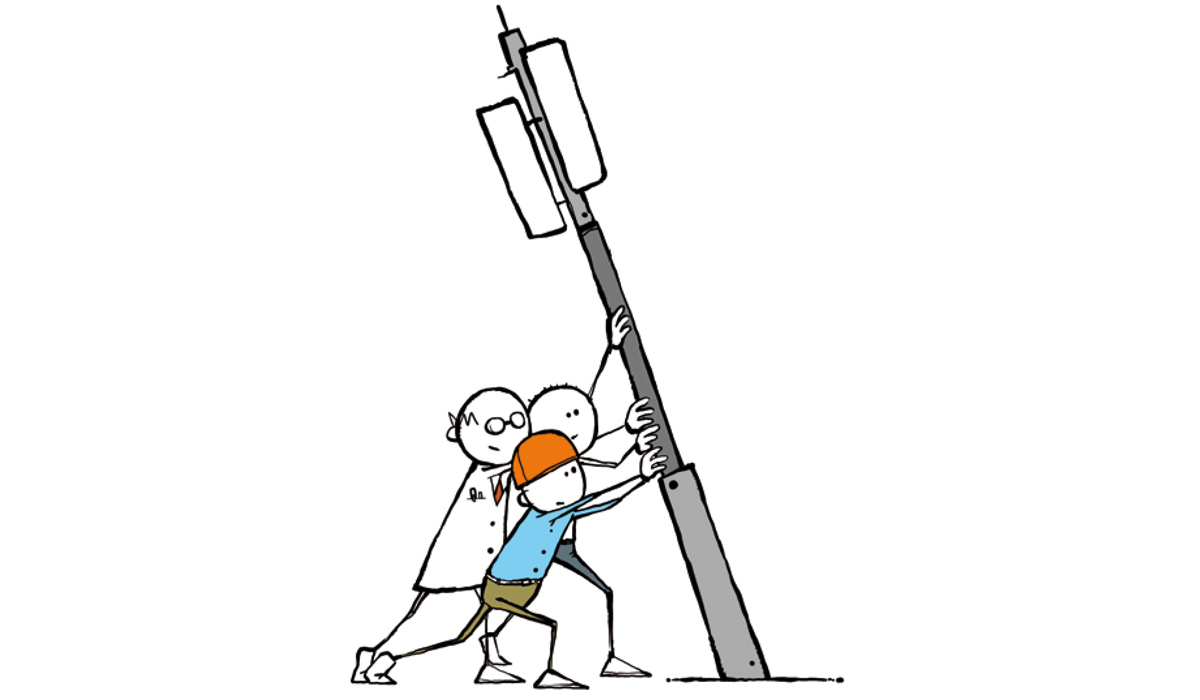 Illustration von Arbeitern die einen Mast stützen