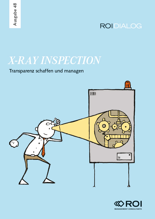 Hellblaues Cover des ROI DIALOG Magazin mit Illustration zum Thema X-Ray