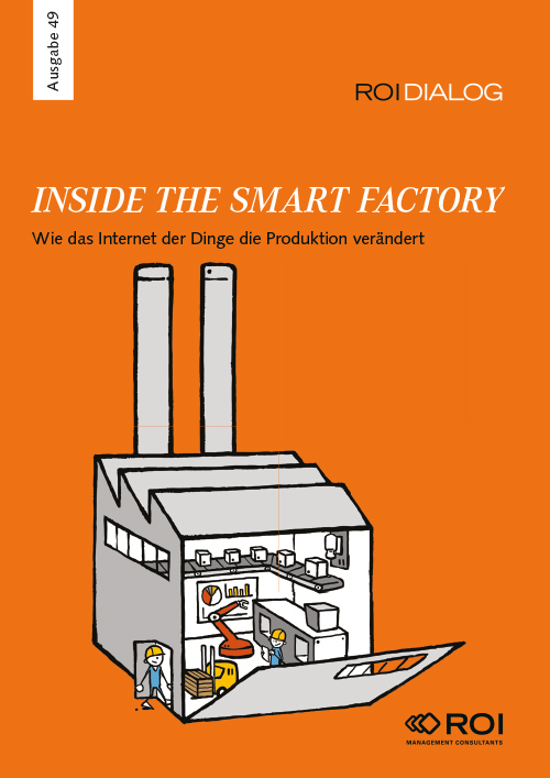 Orangenes Cover des ROI DIALOG Magazin mit Illustration zur Smart Factory