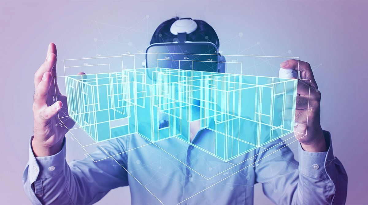 A photo illustration showing a man wearing VR glasses and digital structures between his hands.