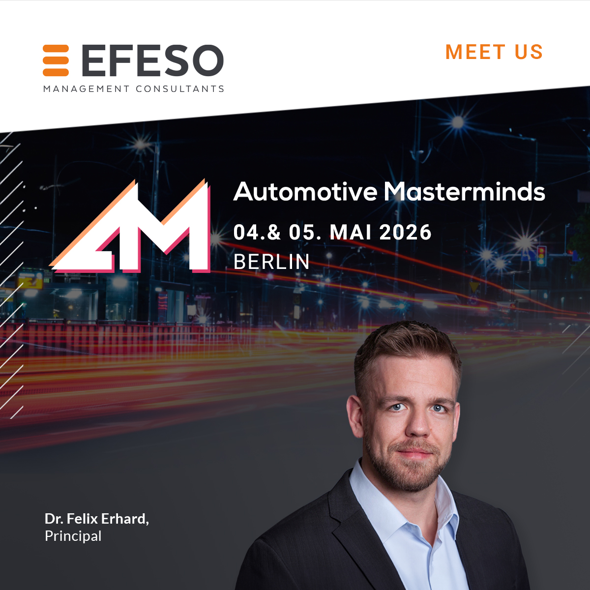 EFESO auf Automotive Masterminds 2026 &ndash; eine Person und Veranstaltungslogo