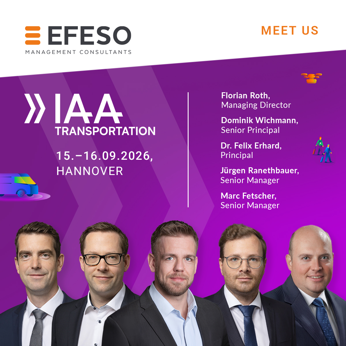 EFESO auf der IAA TRANSPORTATION 2026 – fünf Personen und Veranstaltungslogo