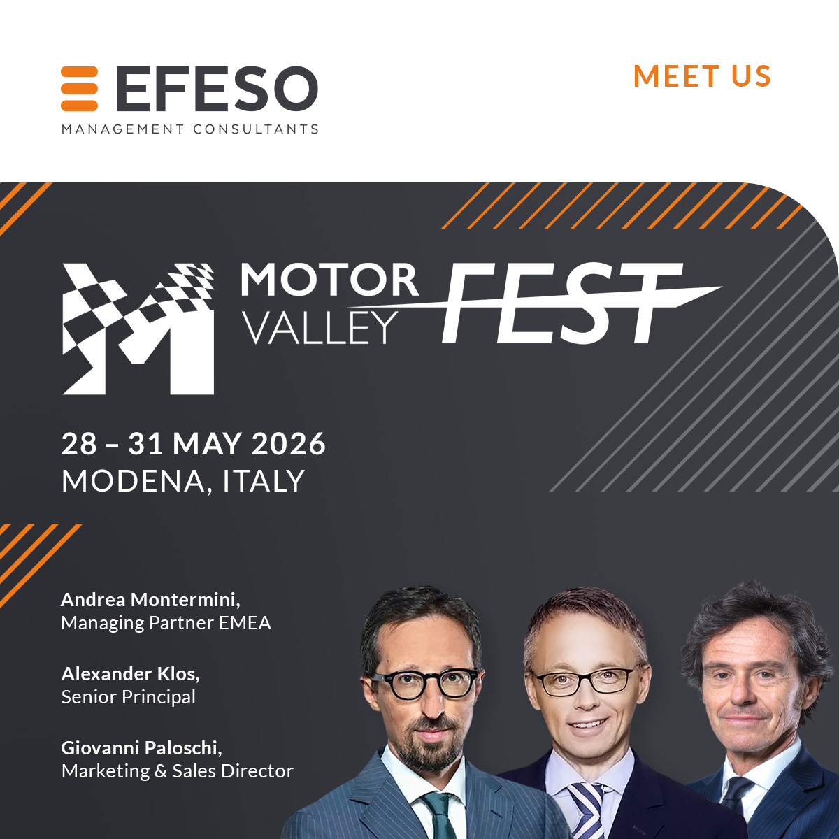 EFESO auf Motor Valley FEST &ndash; drei Personen und Veranstaltungslogo