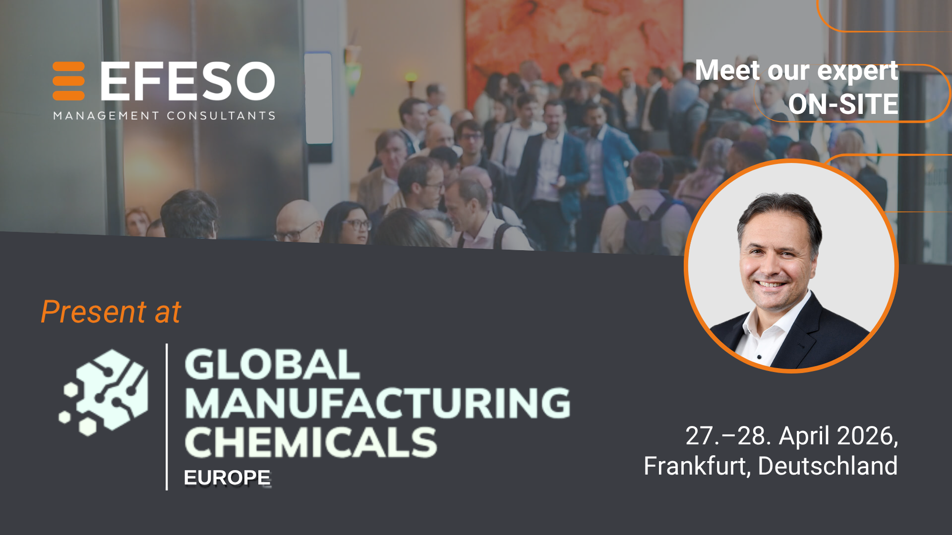 EFESO auf ManuChem 2026 &ndash; eine Person und Veranstaltungslogo