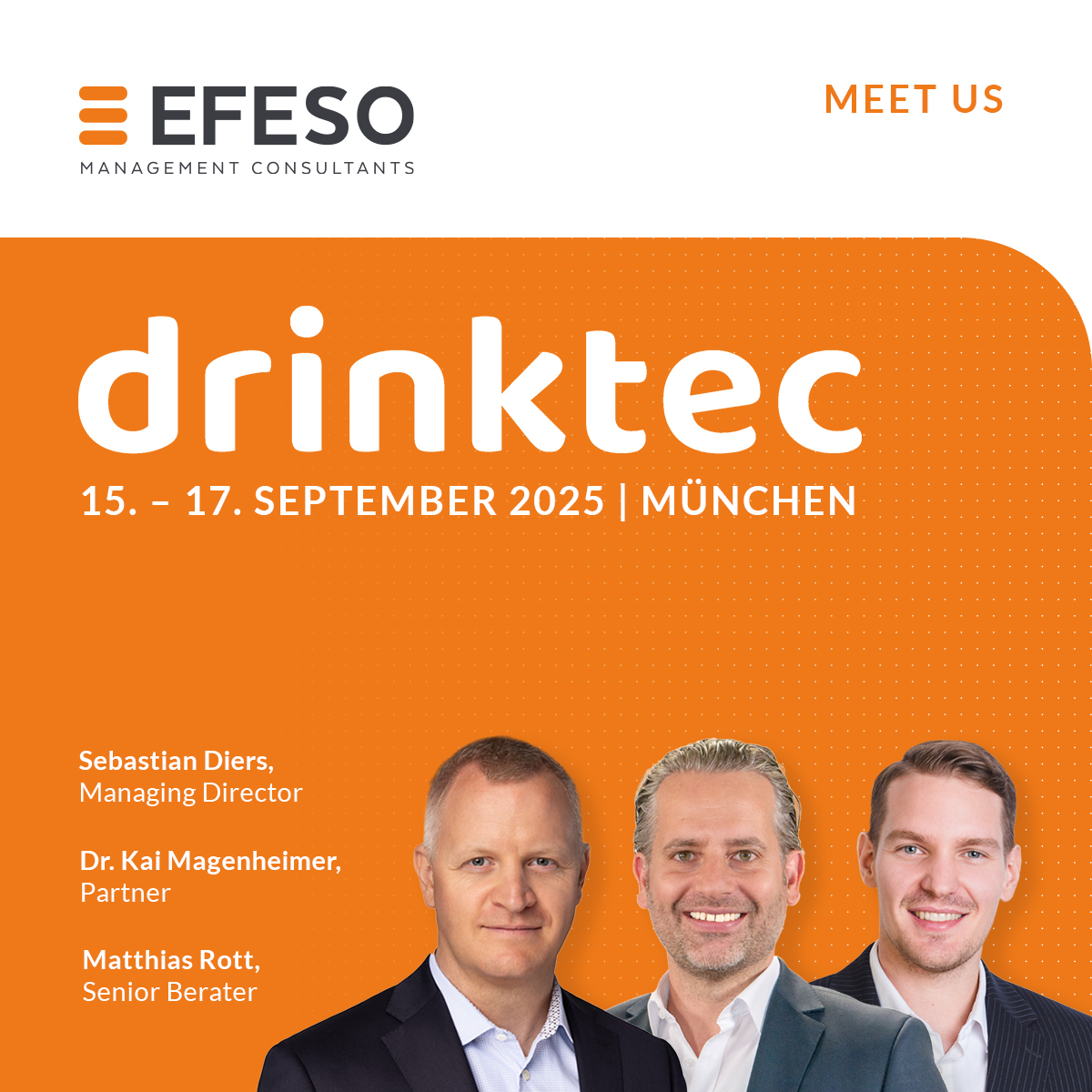 EFESO auf der drinktec 2025 – drei Personen und Veranstaltungslogo