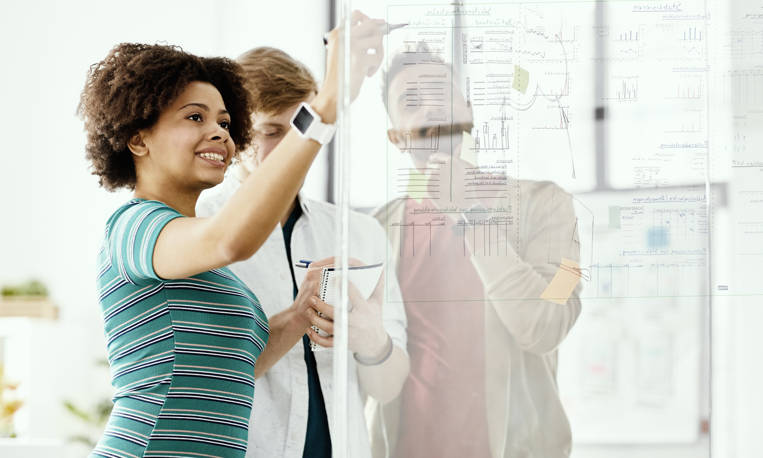 ROI F&E Global Footprint Gruppe von Menschen vor einem transparenten Whiteboard