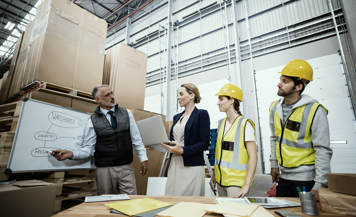 ROI Supply Chain Strategie Gruppe von Menschen besprechen Plan im Lager