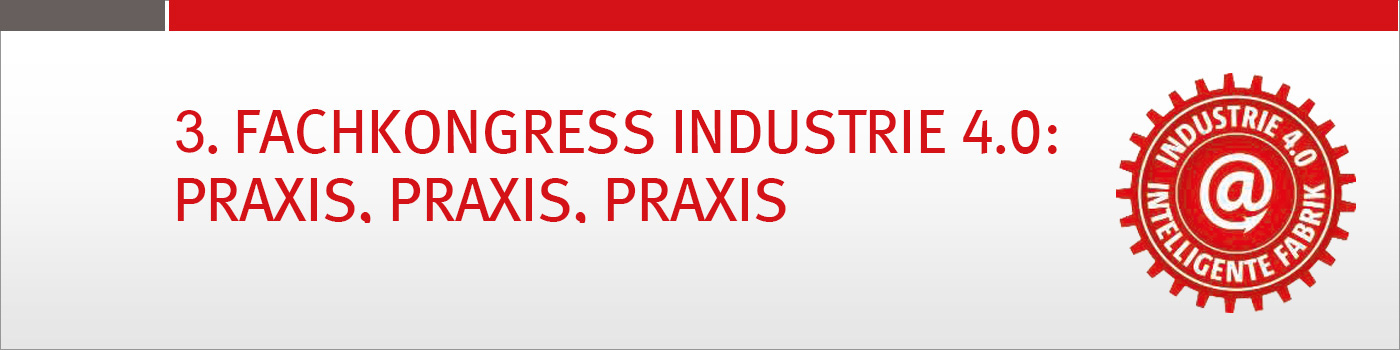 3. Industrie 4.0 Kongress Veranstaltungslogo auf grauem Hintergrund und rotem Zahnrad