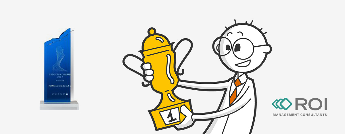 ROI B2B Award Illustration eins Mannes mit Pokal und B2B Award Auszeichnung