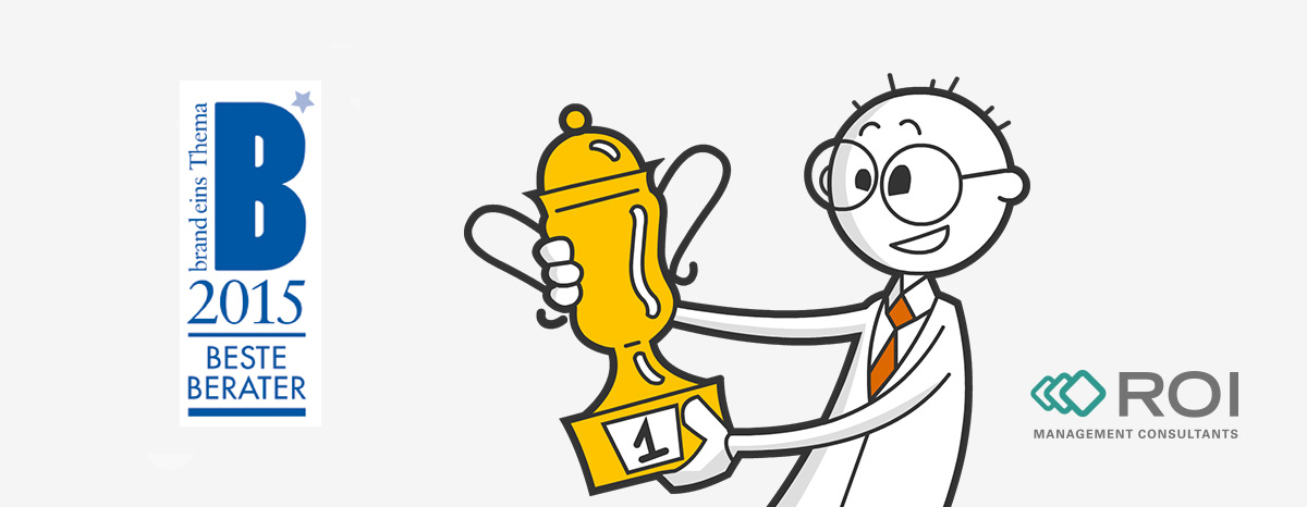 ROI Bester Berater 2015 Illustration eines Mannes mit Pokal und der Auszeichnung "Bester Berater 2015"